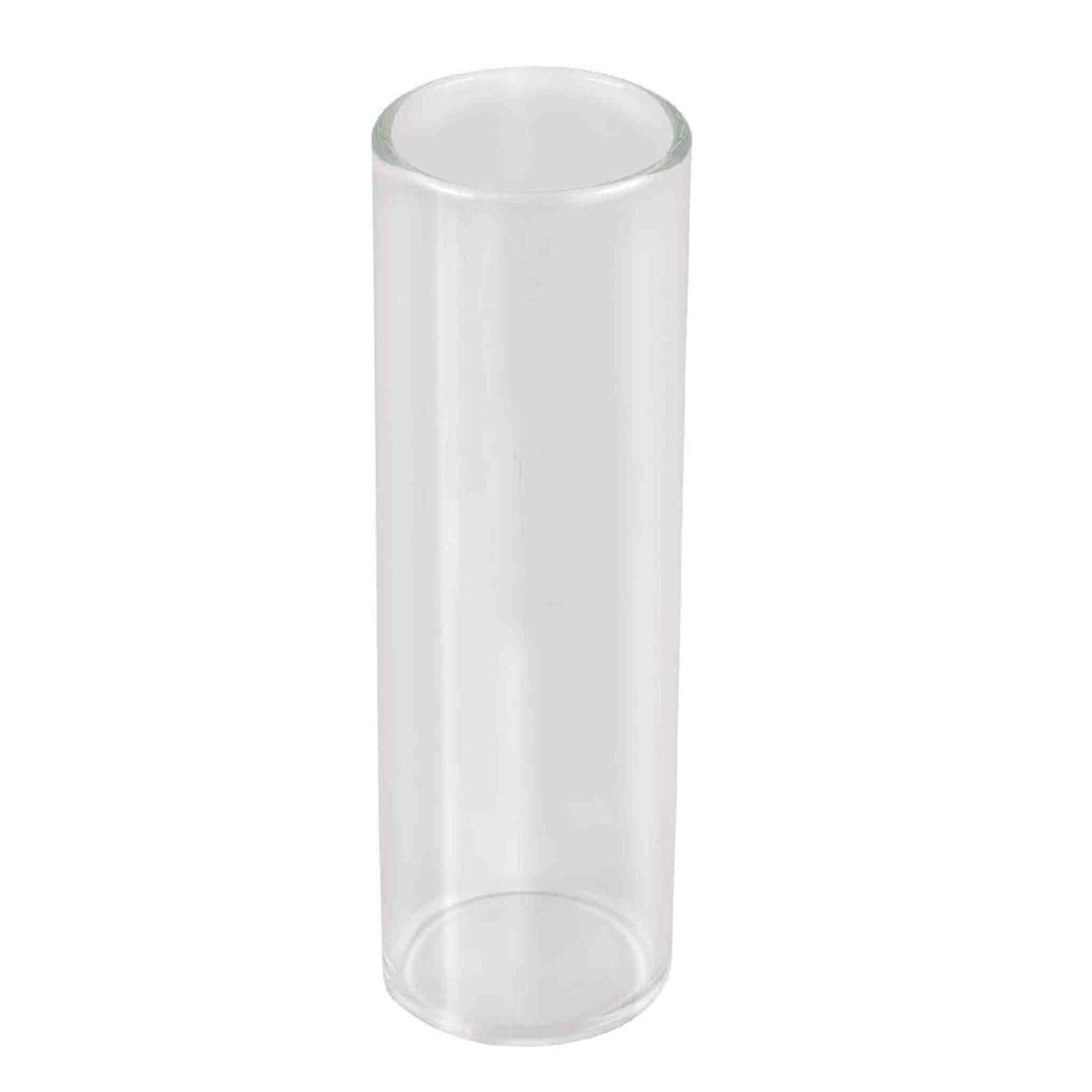 The image shows a clear glass guitar slide, a cylindrical tube worn on a finger to glide along strings for slide guitar playing. Common in blues, country, and rock, glass slides produce a bright, smooth tone. Its open-ended design fits comfortably, allowing the characteristic sliding sound used in various musical styles like blues and lap steel guitar.