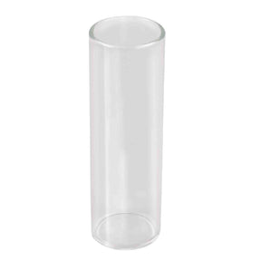 The image shows a clear glass guitar slide, a cylindrical tube worn on a finger to glide along strings for slide guitar playing. Common in blues, country, and rock, glass slides produce a bright, smooth tone. Its open-ended design fits comfortably, allowing the characteristic sliding sound used in various musical styles like blues and lap steel guitar.