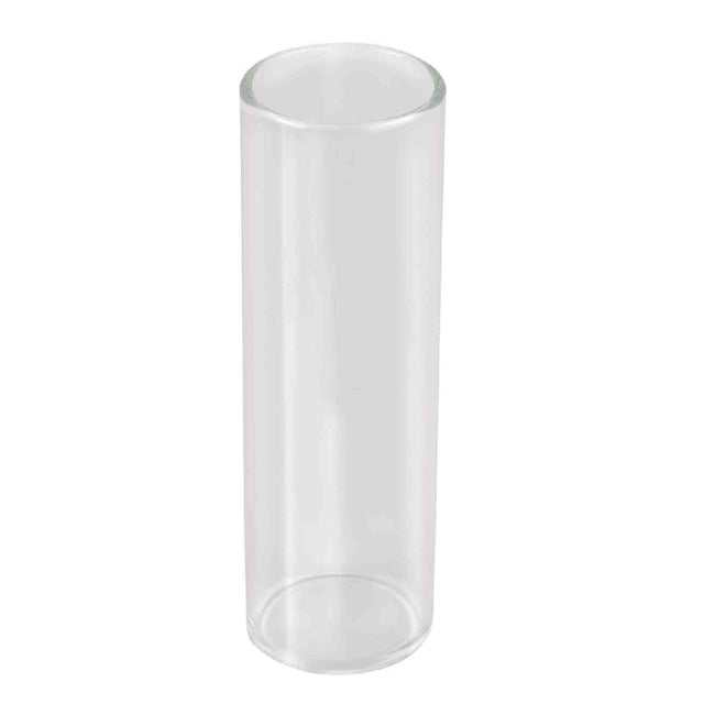 The image shows a clear glass guitar slide, a cylindrical tube worn on a finger to glide along strings for slide guitar playing. Common in blues, country, and rock, glass slides produce a bright, smooth tone. Its open-ended design fits comfortably, allowing the characteristic sliding sound used in various musical styles like blues and lap steel guitar.