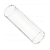 The image shows a clear glass guitar slide, a cylindrical tube worn on a finger to glide along guitar strings. Used in blues, country, and rock, it creates smooth, sliding tones by producing distinctive “crying” sounds. Guitar slides come in various materials like glass, metal, ceramic, and bone. This classic glass design offers a warm tone and easy control for slide guitar playing.