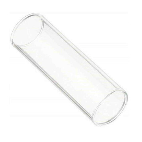 The image shows a clear glass guitar slide, a cylindrical tube worn on a finger to glide along guitar strings. Used in blues, country, and rock, it creates smooth, sliding tones by producing distinctive “crying” sounds. Guitar slides come in various materials like glass, metal, ceramic, and bone. This classic glass design offers a warm tone and easy control for slide guitar playing.