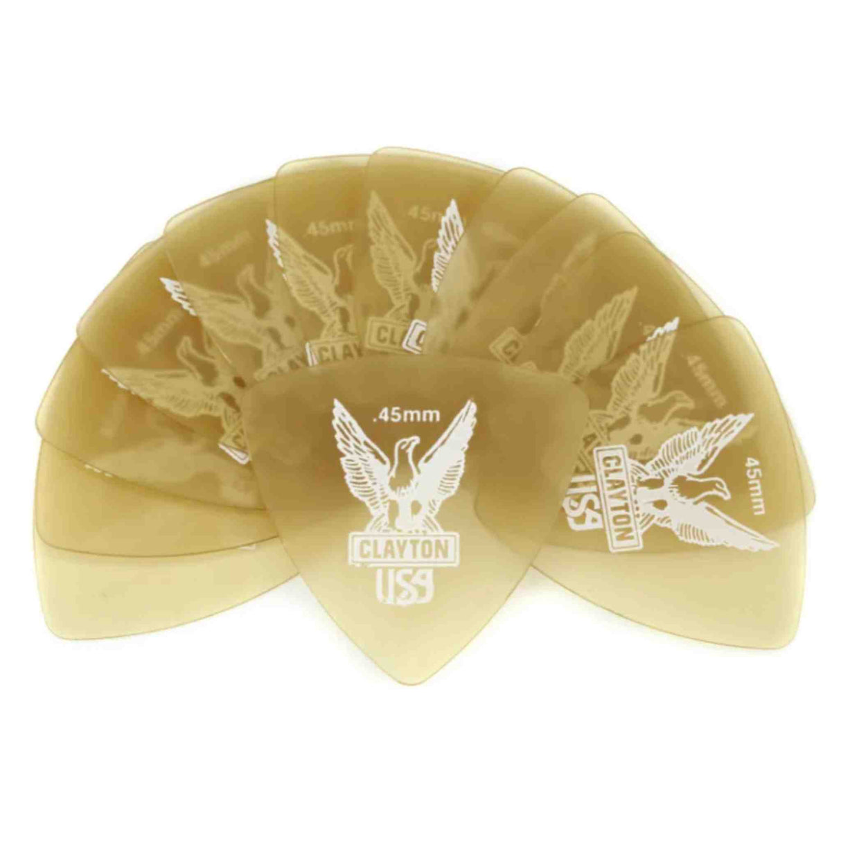 The image shows a fan of translucent amber Clayton guitar picks engraved with spread-wing eagle designs. Visible markings include "CLAYTON," "USS," and thicknesses like ".45mm" and ".46mm." Multiple picks have similar eagle motifs with varying specifications. These are guitar accessories used for strumming and picking strings.