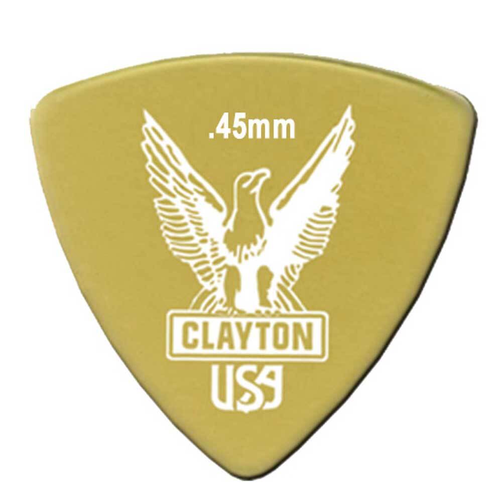 The image shows a golden-yellow, teardrop-shaped guitar pick by Clayton USA. It is .45mm thick, suitable for light strumming and acoustic playing. The pick features a white eagle logo, Clayton’s signature. Made from a durable plastic material, it offers flexibility and a softer attack favored by many players.