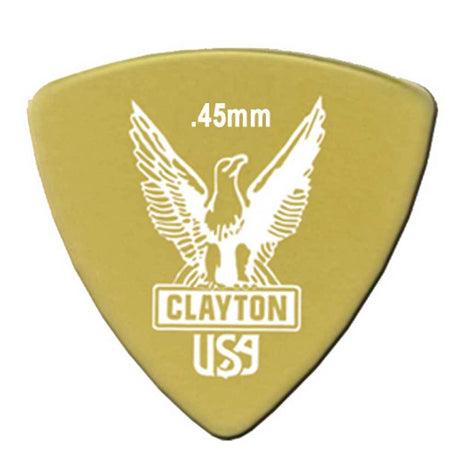 The image shows a golden-yellow, teardrop-shaped guitar pick by Clayton USA. It is .45mm thick, suitable for light strumming and acoustic playing. The pick features a white eagle logo, Clayton’s signature. Made from a durable plastic material, it offers flexibility and a softer attack favored by many players.