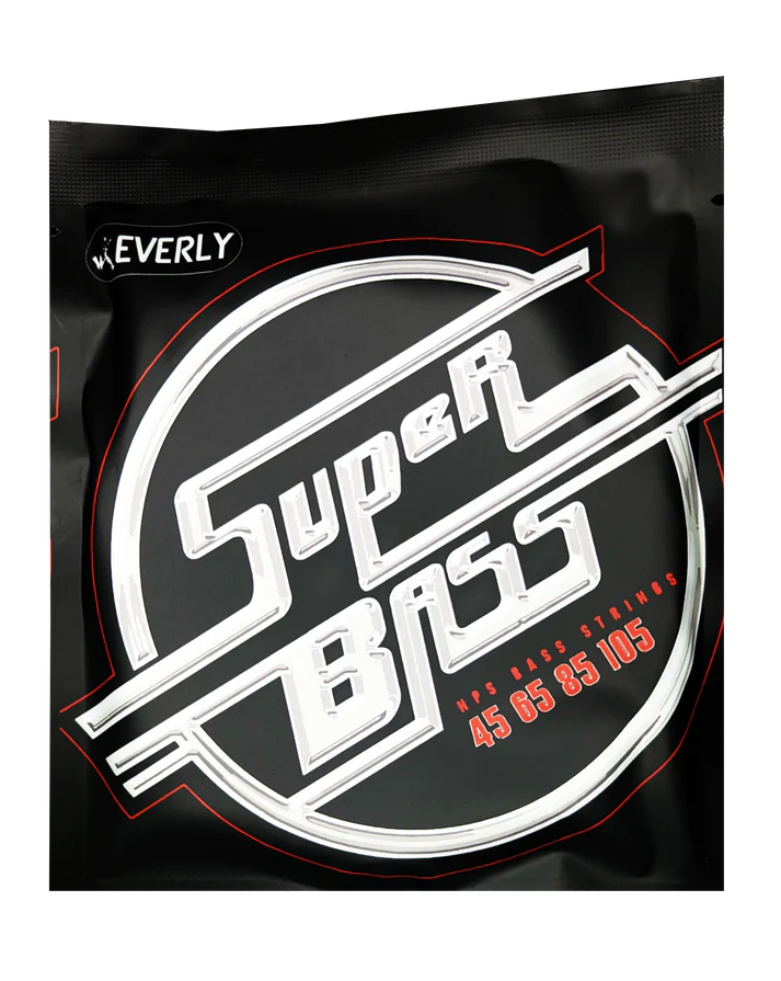 The image shows a package of Everly Super Bass guitar strings with a black design and white and red accents. It is a sealed foil pouch containing a 4-string medium-heavy gauge set (45-65-85-105). Everly, a well-known string maker, produces strings for various instruments. The packaging highlights the brand and string gauges clearly.