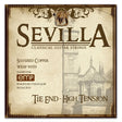The image shows a package of Sevilla Classical Guitar Strings, tie end, high tension with silvered copper wrap and Cleartone EMP technology. The vintage-style packaging features ornate borders, a crest, and a classical architectural background with aged parchment coloring. Designed for classical guitars, these strings use nylon or synthetic treble strings and wound metal bass strings, intended to be tied at the bridge.
