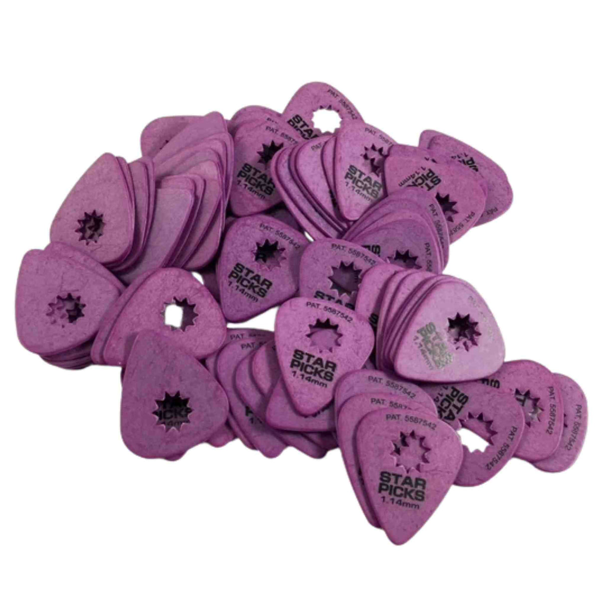 The image shows a collection of purple Star Picks guitar picks with a teardrop shape and a star-shaped cutout in the center. They appear to be 1.14mm thick, made of plastic, and feature the brand’s text and logo. The picks are scattered together, likely a bulk pack, used by guitarists to strum or pluck strings.