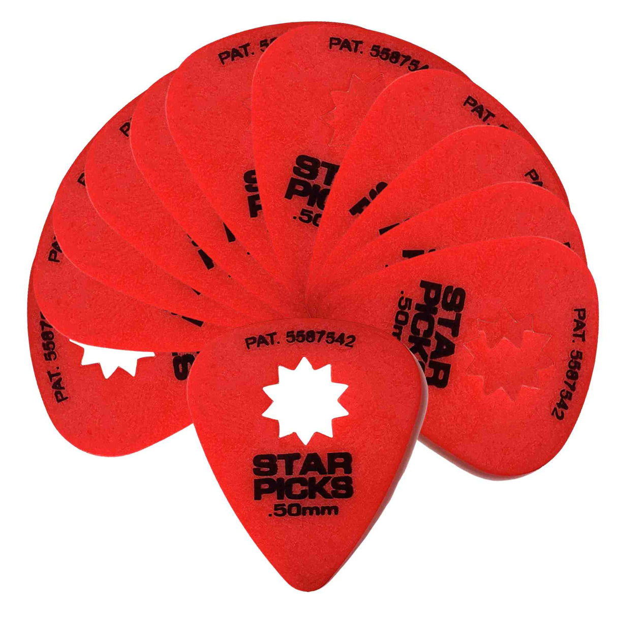 The image shows a fan of red teardrop-shaped guitar picks from the brand "Star Picks." Each pick features the white star logo, "STAR PICKS" name, patent numbers including "PAT. 5567342," and a ".50mm" thickness marking. Made of red plastic or nylon, these thin picks are ideal for bright tones and lighter playing styles, commonly used for strumming or plucking guitar strings.