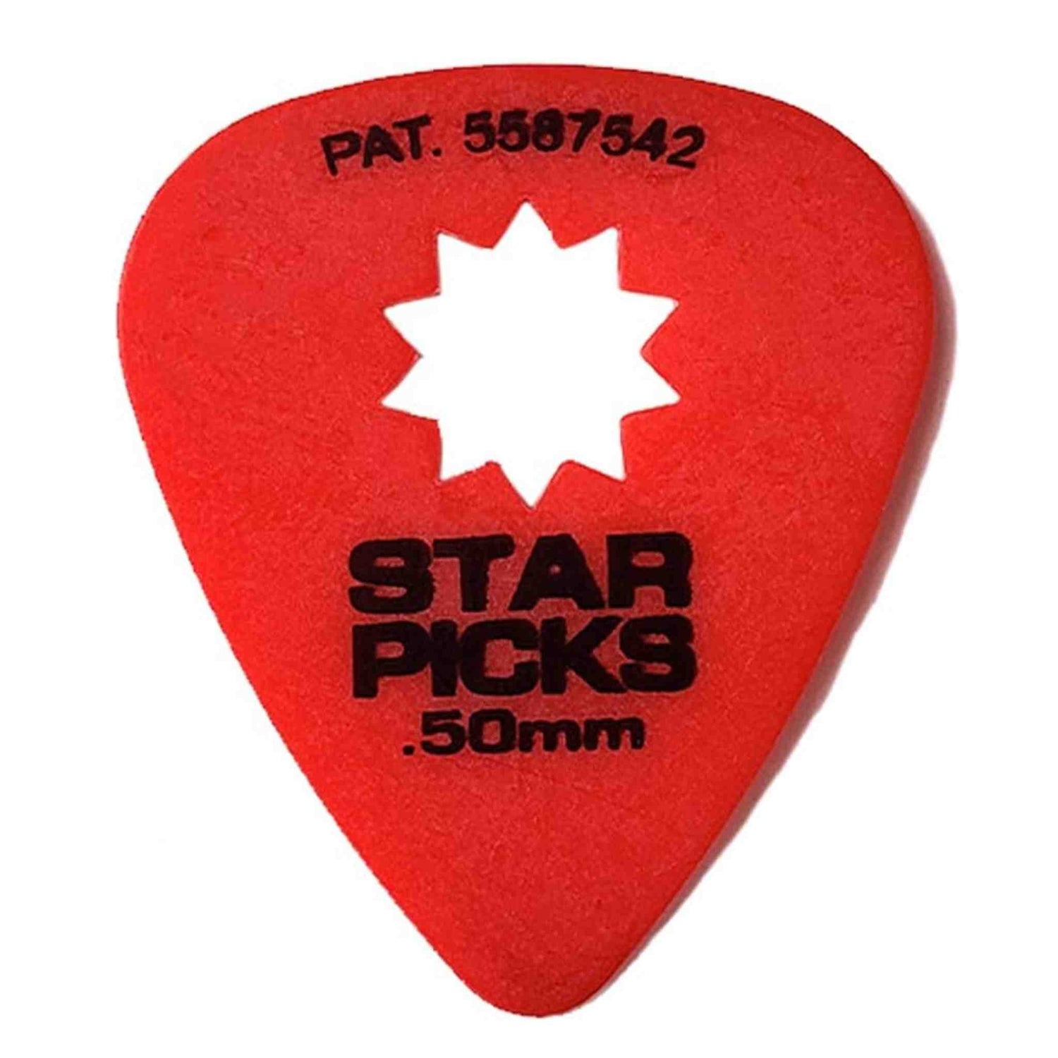 The image shows a red, teardrop-shaped guitar pick from Star Picks. It features a white star logo, black "STAR PICKS" text, ".50mm" thickness marking, and patent number "PAT. 5587542" at the top. This medium-thickness pick (0.50mm) balances flexibility and rigidity, making it suitable for strumming and light picking.