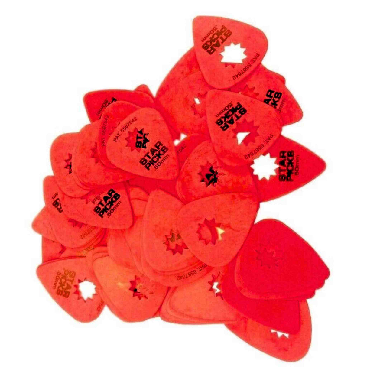 The image shows a collection of red-orange Everly Star guitar picks scattered together. They are translucent, teardrop-shaped, and feature black branding and some star-shaped cutouts. These plastic picks are essential accessories for guitar players, used to pluck or strum strings.