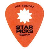 The image shows an orange "Star Picks" guitar pick with a white star-shaped cutout in the center. It features "PAT. 5587542" printed at the top, black "STAR PICKS" branding, and a ".60mm" thickness marking. This medium-thickness pick is designed for rhythm and lead playing, with the star cutout serving as a unique branding and grip feature.