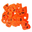 The image shows a collection of vibrant orange "Star Picks" guitar picks with a 0.60mm thickness. Each pick features a distinctive star-shaped cutout in the center and has the patent number 5587542 printed on it. Made of standard plastic, these picks likely offer a unique grip and tonal quality compared to traditional solid picks.