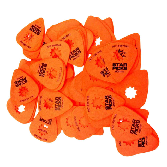 The image shows a collection of vibrant orange "Star Picks" guitar picks with a 0.60mm thickness. Each pick features a distinctive star-shaped cutout in the center and has the patent number 5587542 printed on it. Made of standard plastic, these picks likely offer a unique grip and tonal quality compared to traditional solid picks.