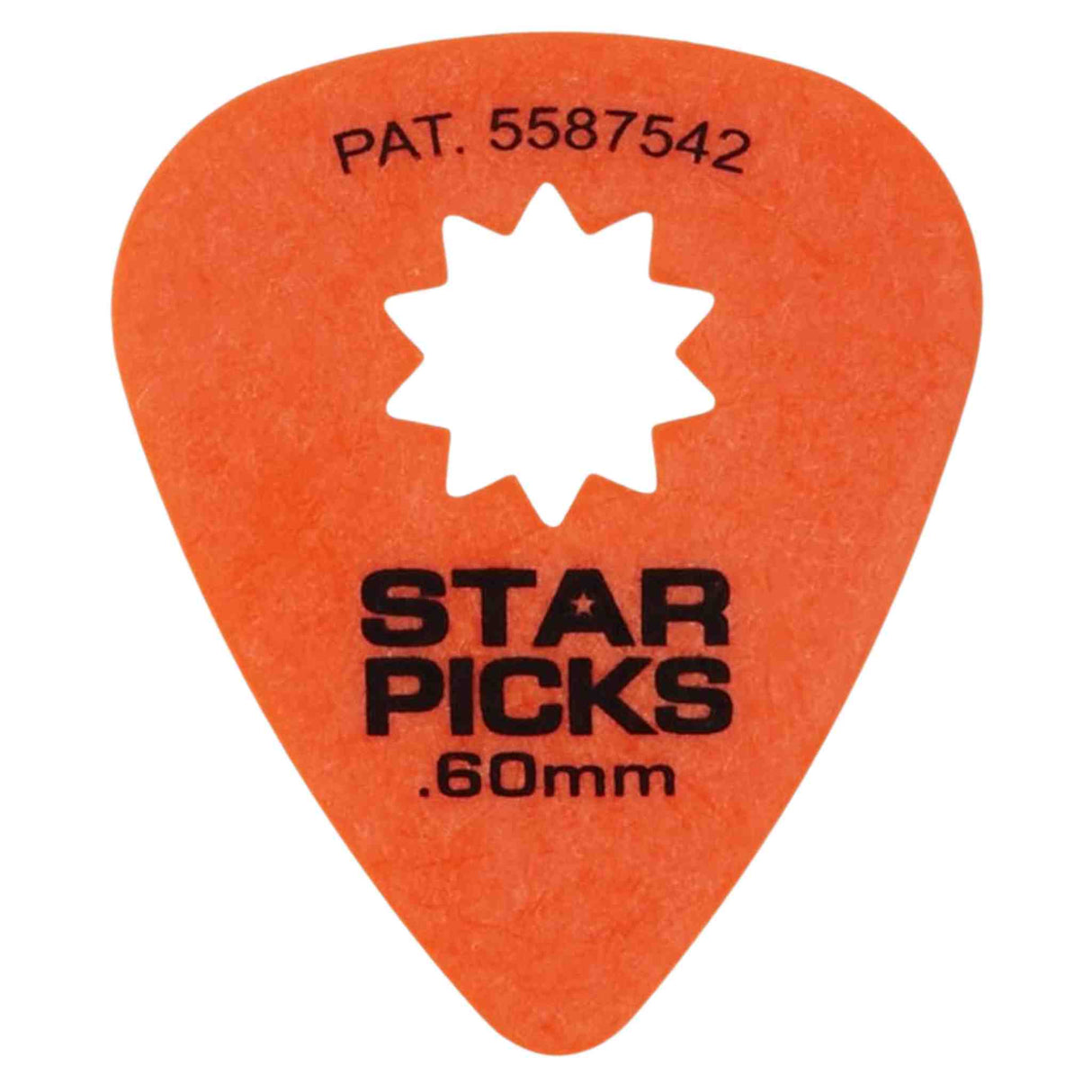 The image shows an orange "Star Picks" guitar pick with a white star-shaped cutout in the center. It features "PAT. 5587542" printed at the top, black "STAR PICKS" branding, and a ".60mm" thickness marking. This medium-thickness pick is designed for rhythm and lead playing, with the star cutout serving as a unique branding and grip feature.