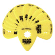The image shows a fan-like arrangement of yellow "Star Picks" guitar picks, each 0.73mm thick with a distinctive star-shaped cutout in the center. Patent number 5587542 is printed on them. The star-shaped hole is a unique patented feature designed to improve grip and control, making these picks a specialized accessory in the musical instrument industry.