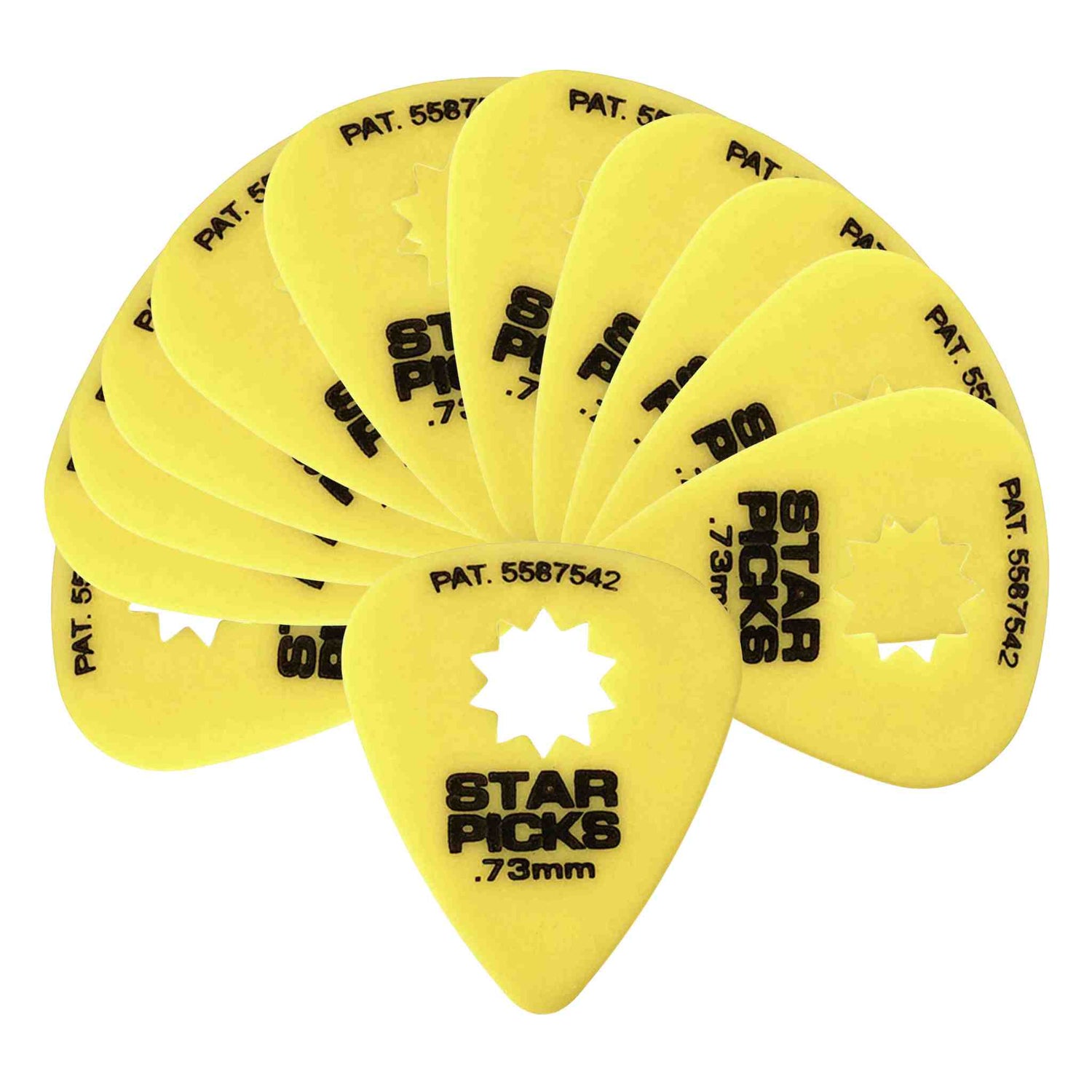 The image shows a fan-like arrangement of yellow "Star Picks" guitar picks, each 0.73mm thick with a distinctive star-shaped cutout in the center. Patent number 5587542 is printed on them. The star-shaped hole is a unique patented feature designed to improve grip and control, making these picks a specialized accessory in the musical instrument industry.