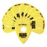 The image shows a fan-like arrangement of yellow "Star Picks" guitar picks, each 0.73mm thick with a distinctive star-shaped cutout in the center. Patent number 5587542 is printed on them. The star-shaped hole is a unique patented feature designed to improve grip and control, making these picks a specialized accessory in the musical instrument industry.