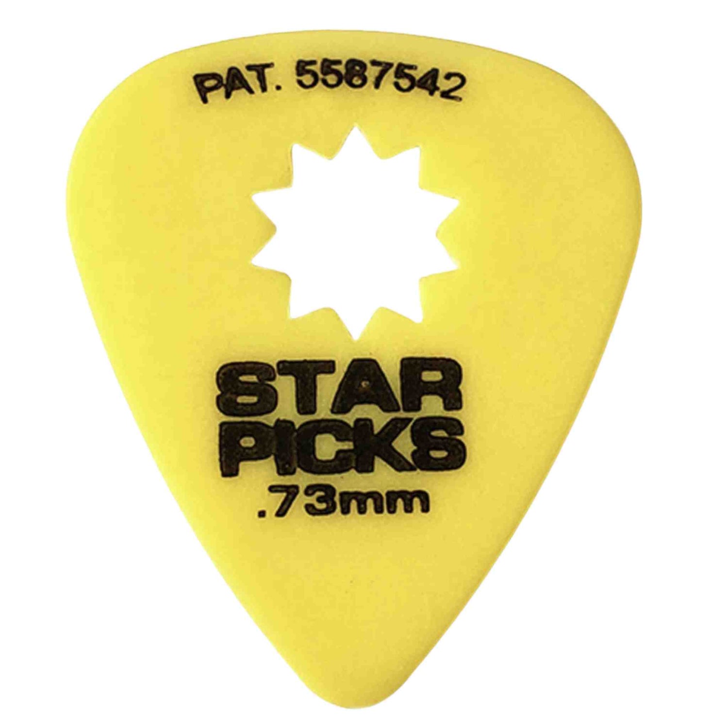 The image shows a yellow, teardrop-shaped guitar pick from the brand "Star Picks." It features a white star logo in the center, "STAR PICKS" printed in black, a patent number (PAT. 5587542) at the top, and a thickness of 0.73mm, making it a versatile medium-thickness pick suitable for both strumming and picking.