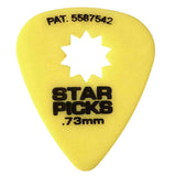The image shows a yellow, teardrop-shaped guitar pick from the brand "Star Picks." It features a white star logo in the center, "STAR PICKS" printed in black, a patent number (PAT. 5587542) at the top, and a thickness of 0.73mm, making it a versatile medium-thickness pick suitable for both strumming and picking.