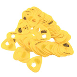 The image shows a collection of translucent yellow teardrop-shaped guitar picks with patent numbers (PAT. 5587042) and "STAR PICK" branding featuring a star logo. Some picks have star-shaped cutouts for grip or tone. These professional picks are common accessories used by guitarists to pluck or strum strings.