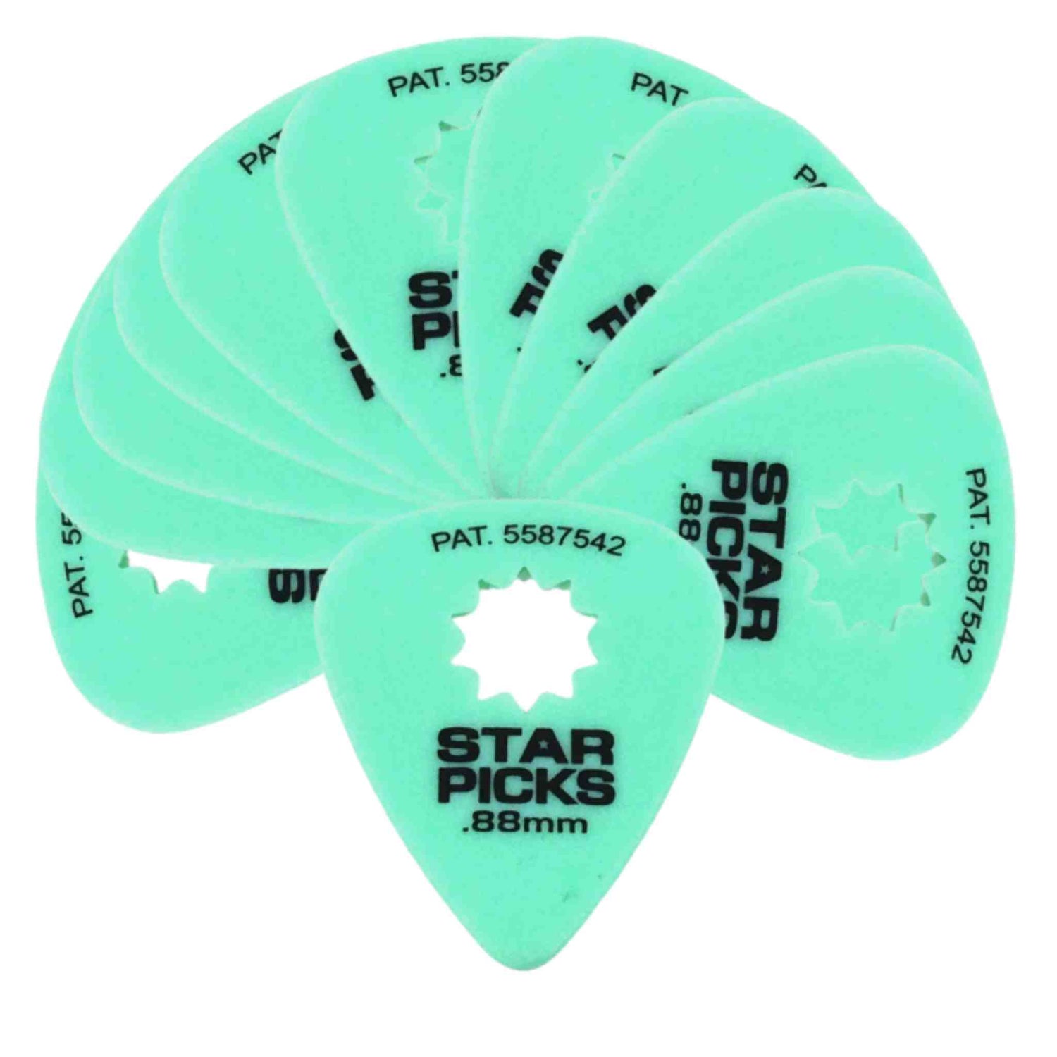 The image shows a fan of mint green Star Picks guitar picks, each marked ".88mm" thickness and patent numbers like "PAT. 5587542." They feature a central star-shaped cutout for grip. This set of medium-thickness picks is a common multi-pack guitar accessory designed for strumming or picking strings.