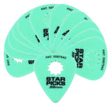 The image shows a fan of mint green Star Picks guitar picks, each marked ".88mm" thickness and patent numbers like "PAT. 5587542." They feature a central star-shaped cutout for grip. This set of medium-thickness picks is a common multi-pack guitar accessory designed for strumming or picking strings.