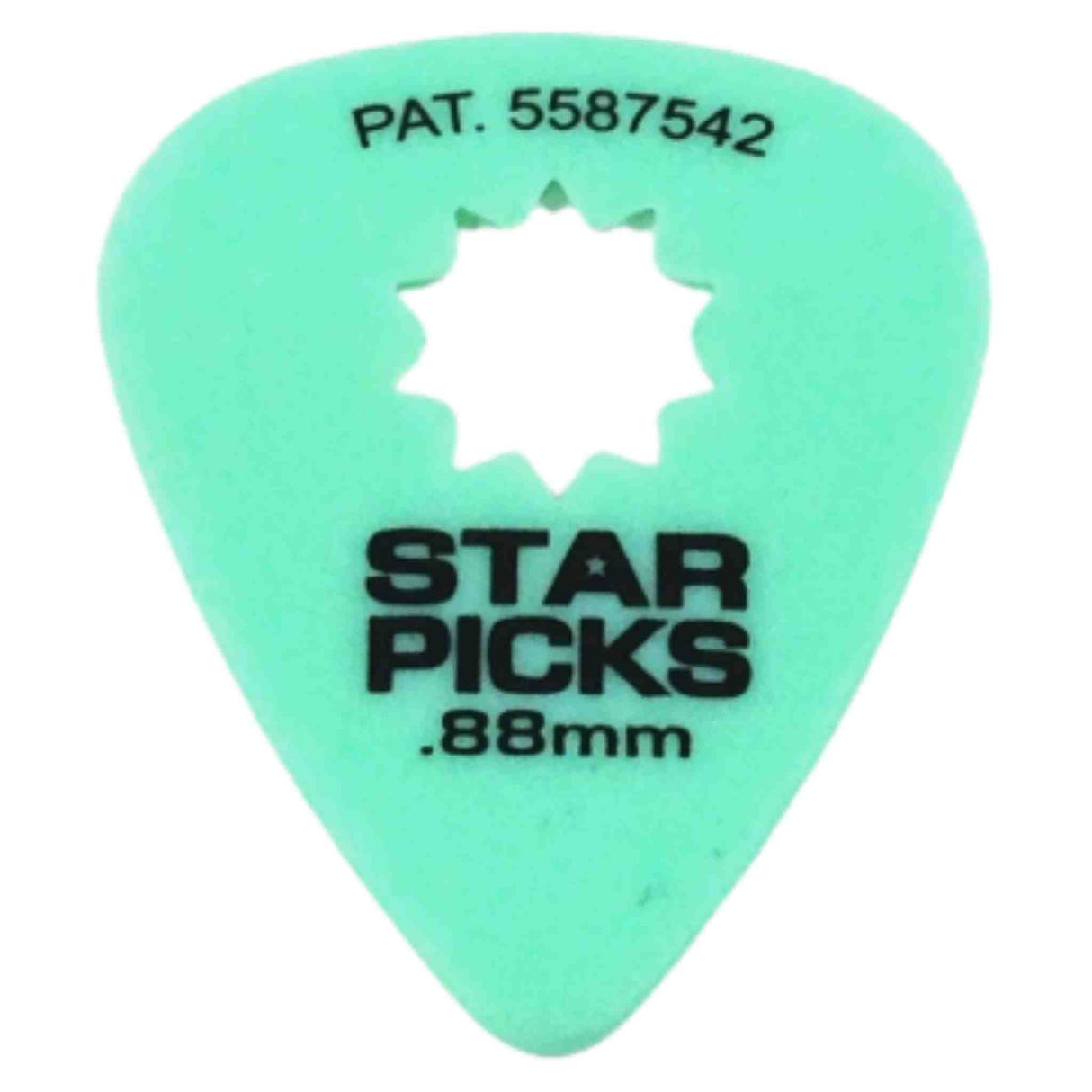 The image shows a light green mint teardrop-shaped guitar pick from Star Picks. It has a white star logo in the center, black "STAR PICKS" text, the thickness ".88mm," and patent number "PAT. 5587542" at the top. This medium-thickness pick suits various playing styles, and the patent number indicates a unique design or manufacturing feature.