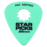 The image shows a light green mint teardrop-shaped guitar pick from Star Picks. It has a white star logo in the center, black "STAR PICKS" text, the thickness ".88mm," and patent number "PAT. 5587542" at the top. This medium-thickness pick suits various playing styles, and the patent number indicates a unique design or manufacturing feature.