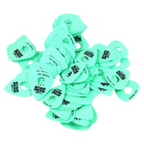 The image shows a scattered pile of bright mint green guitar picks, featuring the brand name "STAR PICKS," patent number "PAT 5587542," and a star-shaped logo or cutout. These standard teardrop-shaped plectrums are guitar accessories used for strumming and picking strings, likely from a specific manufacturer's multi-pack product line.