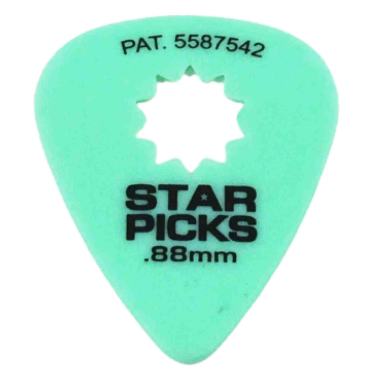 The image shows a light green translucent Star Picks guitar pick with a classic teardrop shape. It features black text displaying the brand name, ".88mm" thickness, and patent number "PAT. 5587542." A white star-shaped cutout logo is centered on the pick, offering grip and branding. The 0.88mm medium thickness suits both rhythm and lead guitar playing.