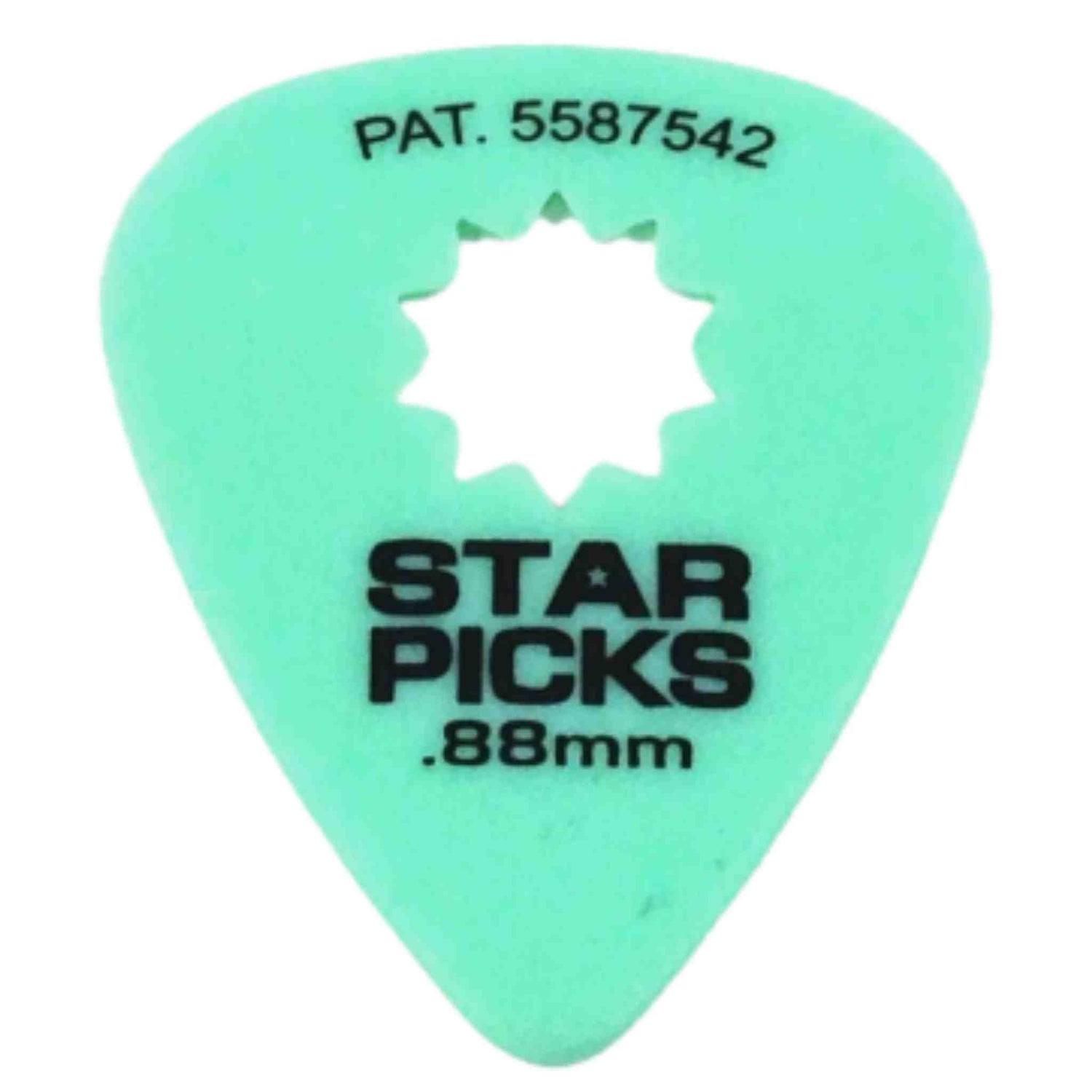 The image shows a light green translucent Star Picks guitar pick with a classic teardrop shape. It features black text displaying the brand name, ".88mm" thickness, and patent number "PAT. 5587542." A white star-shaped cutout logo is centered on the pick, offering grip and branding. The 0.88mm medium thickness suits both rhythm and lead guitar playing.