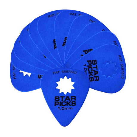 The image shows bright blue **Star Picks** guitar picks arranged in a fan shape. Each pick features a distinctive star-shaped hole in the center, the text "STAR PICKS," "1.0mm" thickness, and a patent number "PAT. 5587542." The star cutout serves as a unique design and may enhance grip or flexibility. These medium gauge picks combine visual appeal with functionality, making them stand out from standard guitar picks.