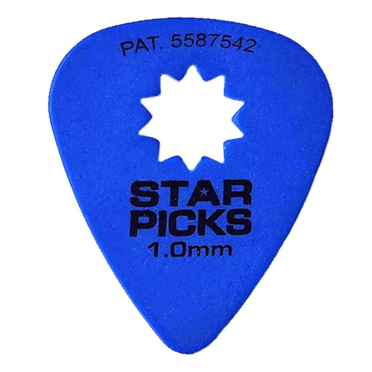 The image shows a bright blue Star Picks guitar pick with black text and a white star-shaped cutout in the center. It features the brand name "STAR PICKS," thickness "1.0mm," patent number "PAT. 5587542," and a standard teardrop shape. The star cutout serves as a distinctive design that may also enhance grip, reduce weight, or affect tone.