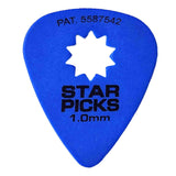 The image shows a bright blue Star Picks guitar pick with black text and a white star-shaped cutout in the center. It features the brand name "STAR PICKS," thickness "1.0mm," patent number "PAT. 5587542," and a standard teardrop shape. The star cutout serves as a distinctive design that may also enhance grip, reduce weight, or affect tone.