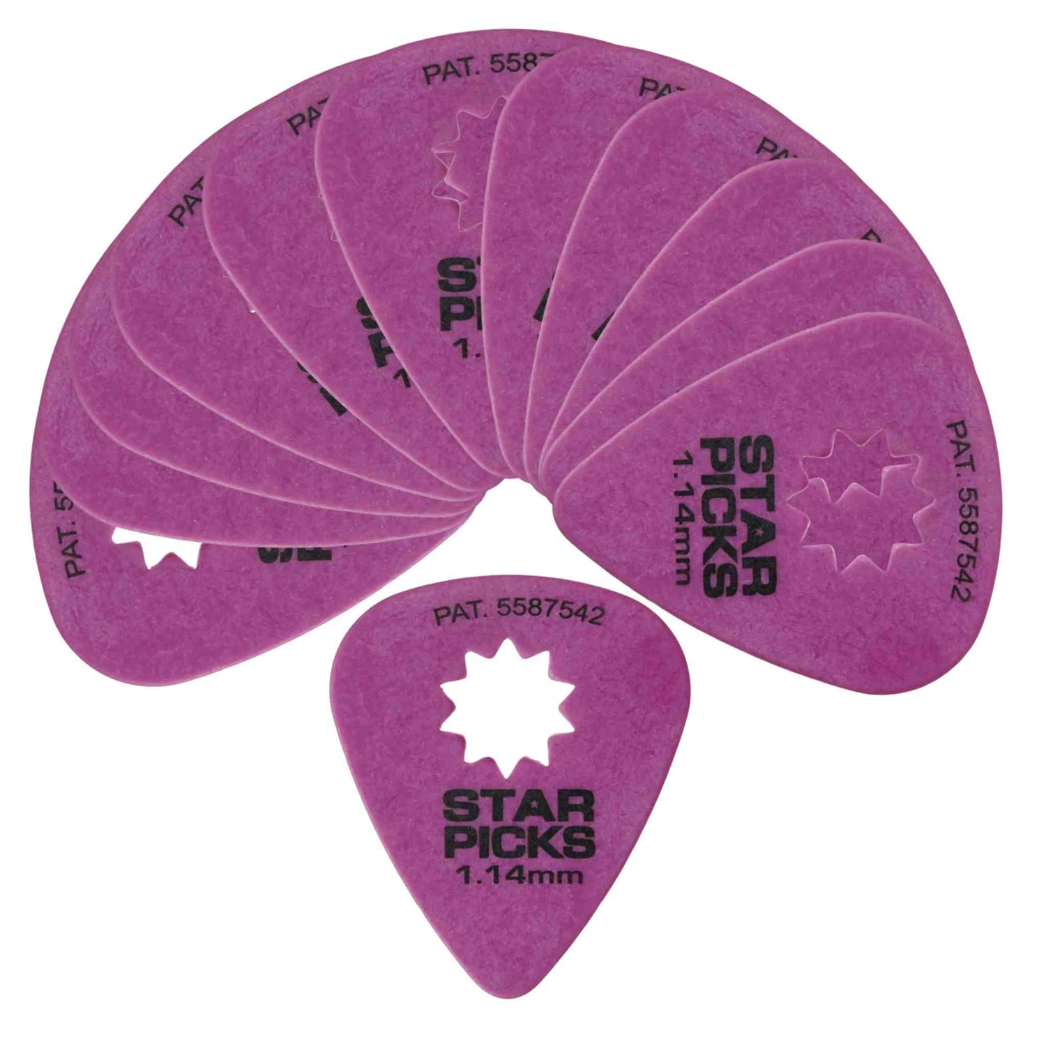 The image shows multiple purple/magenta Star Picks guitar picks arranged in a fan shape. Each teardrop-shaped pick features a distinctive star-shaped cutout in the center for improved grip. The picks are 1.14mm thick, display the brand name "STAR PICKS," and patent numbers (e.g., PAT. 5587542). These patented picks are designed for better control and playability on acoustic and electric guitars.