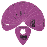 The image shows multiple purple/magenta Star Picks guitar picks arranged in a fan shape. Each teardrop-shaped pick features a distinctive star-shaped cutout in the center for improved grip. The picks are 1.14mm thick, display the brand name "STAR PICKS," and patent numbers (e.g., PAT. 5587542). These patented picks are designed for better control and playability on acoustic and electric guitars.