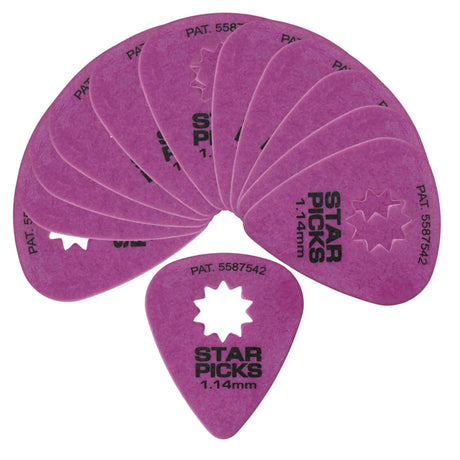 The image shows multiple purple/magenta Star Picks guitar picks arranged in a fan shape. Each teardrop-shaped pick features a distinctive star-shaped cutout in the center for improved grip. The picks are 1.14mm thick, display the brand name "STAR PICKS," and patent numbers (e.g., PAT. 5587542). These patented picks are designed for better control and playability on acoustic and electric guitars.