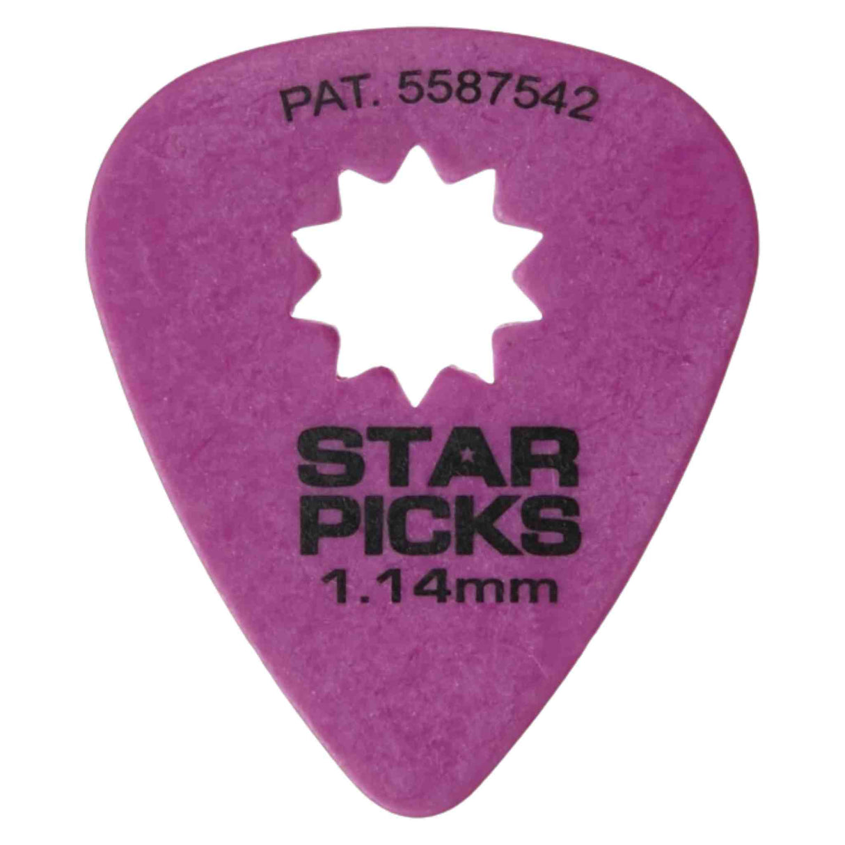 The image shows a purple, teardrop-shaped guitar pick from the brand "Star Picks." It features black text with the brand name, a white star logo in the center, a thickness of 1.14mm, and patent number "PAT. 5587542" at the top. The pick has a textured or matte finish and its thickness suggests a firm feel, ideal for precise playing and bright tone.