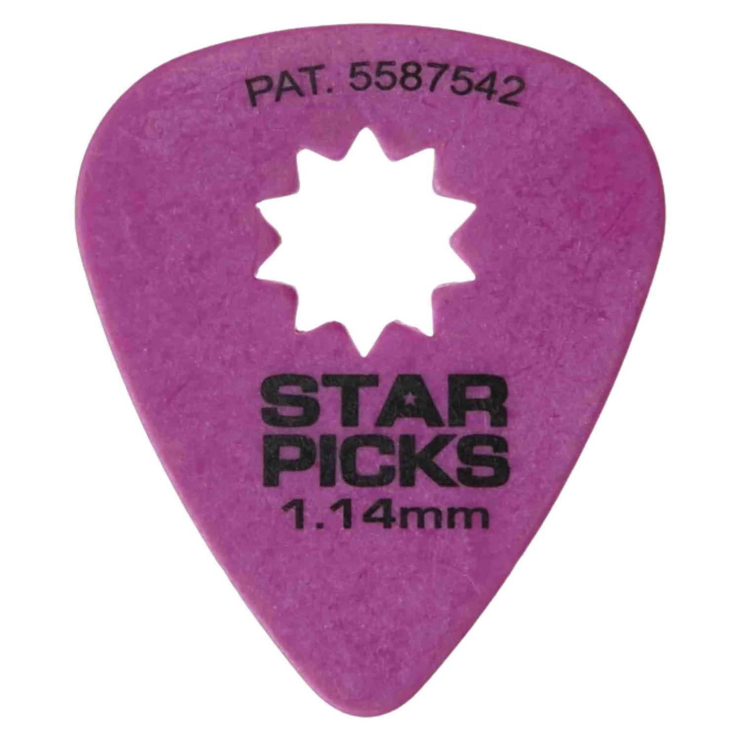 The image shows a purple, teardrop-shaped guitar pick from the brand "Star Picks." It features black text with the brand name, a white star logo in the center, a thickness of 1.14mm, and patent number "PAT. 5587542" at the top. The pick has a textured or matte finish and its thickness suggests a firm feel, ideal for precise playing and bright tone.