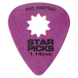 The image shows a purple, teardrop-shaped guitar pick from the brand "Star Picks." It features black text with the brand name, a white star logo in the center, a thickness of 1.14mm, and patent number "PAT. 5587542" at the top. The pick has a textured or matte finish and its thickness suggests a firm feel, ideal for precise playing and bright tone.