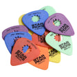 The image shows a collection of colorful "Star Picks" guitar picks in blue, purple, orange, yellow, and green. Each pick features the "STAR PICKS" branding, thickness measurements (0.60mm to 1.14mm), and patent number 5587542. They have a unique star-shaped cutout in the center and are made of plastic. The picks are arranged in an overlapping pile, highlighting their variety in color and thickness.