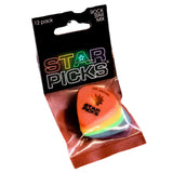 The image shows a package of "Star Picks" guitar picks labeled as a "12 pack" with a "Rock Star Mix" variety. The black packaging features colorful rainbow lettering in the brand name. Inside the clear plastic, there are vibrant orange, yellow, green, and blue picks, each printed with the Star Picks logo and a small star. This set offers a visually appealing, medium-thickness selection for rock-style guitar playing.