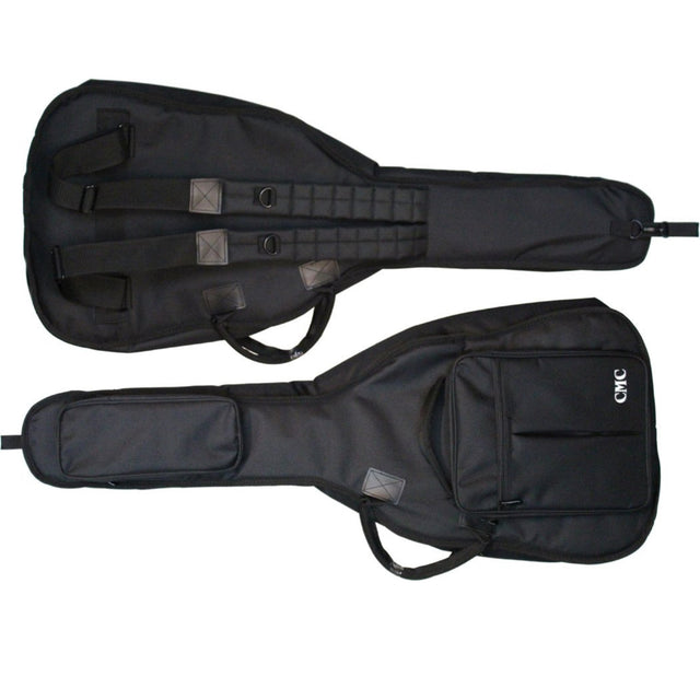 The image shows two black soft-shell guitar gig bags, one sized for an acoustic guitar and the other for an electric guitar or bass. Both bags have padded protection, external zippered pockets for accessories, carrying handles, and closure mechanisms likely using Velcro. One bag features "CMC" branding. These portable bags provide essential protection and convenient storage for musicians on the go.