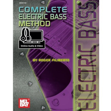 Book cover of 'Complete Electric Bass Method' by Roger Filiberto with a purple electric bass guitar on a gray background.