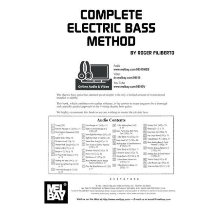 Book cover of 'Complete Electric Bass Method' by Roger Filiberto with Mel Bay logo.