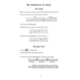 Sheet music page explaining musical notation with staff and bass clef diagrams.