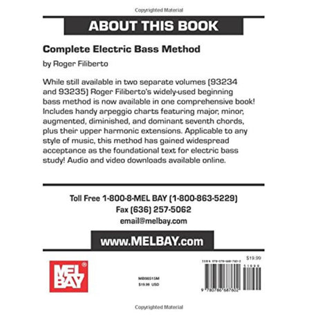 Back cover of a book titled 'Complete Electric Bass Method' by Roger Filiberto, featuring contact information and Mel Bay logo.