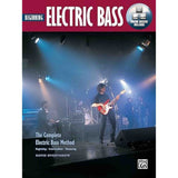 Book cover of 'Beginning Electric Bass' with a musician on stage playing electric bass guitar.
