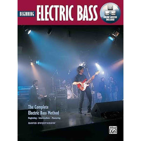 Book cover of 'Beginning Electric Bass' with a musician on stage playing electric bass guitar.