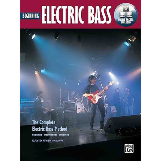 Book cover of 'Beginning Electric Bass' with a musician on stage playing electric bass guitar.
